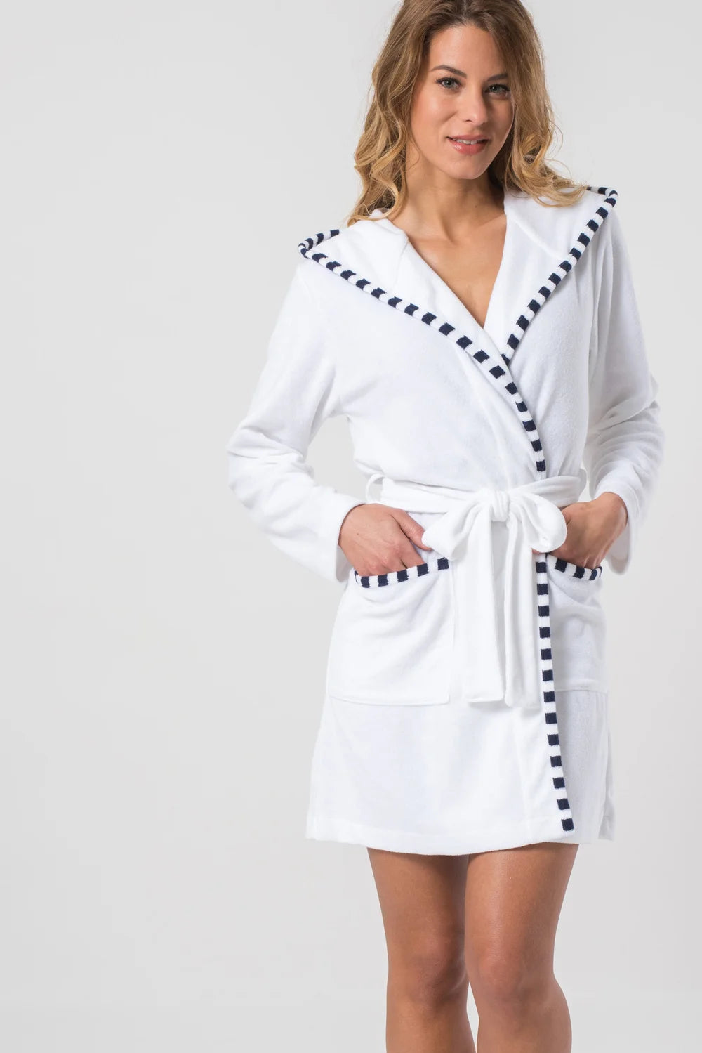 Belmanetti Hooded Terry Knit Bathrobe in White - Made in Europe