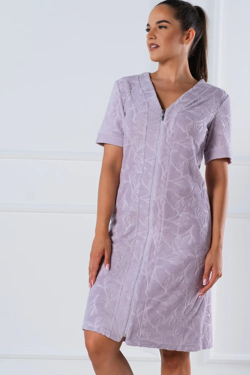 Belmanetti Floral Textured Zip Summer Dress Cotton in Pastel Violet - Made in Europe