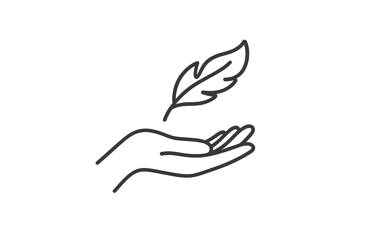 Minimalist outline icon, premium style. A soft, gentle symbol representing skin-friendly comfort. Use clean thin lines, elegant and modern. Possible concepts: an open hand with a soft feather, a delicate leaf resting on skin, or a smooth circular flow. Black and white, vector style, luxury brand aesthetic.