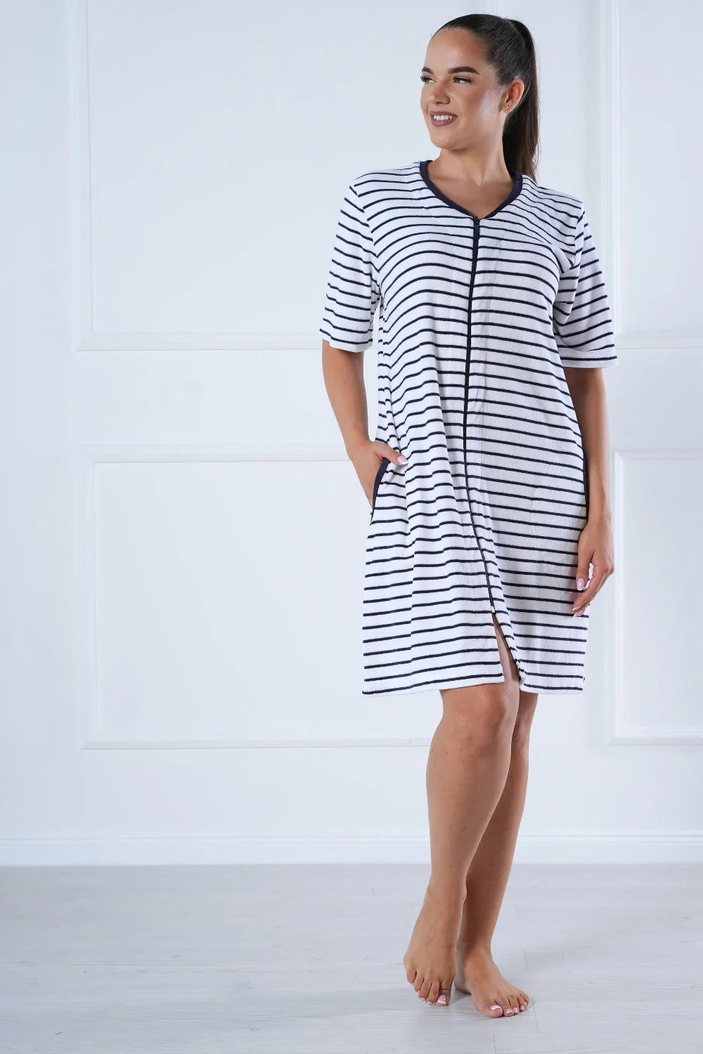 Marine Striped Short Sleeve Summer Zip Dress