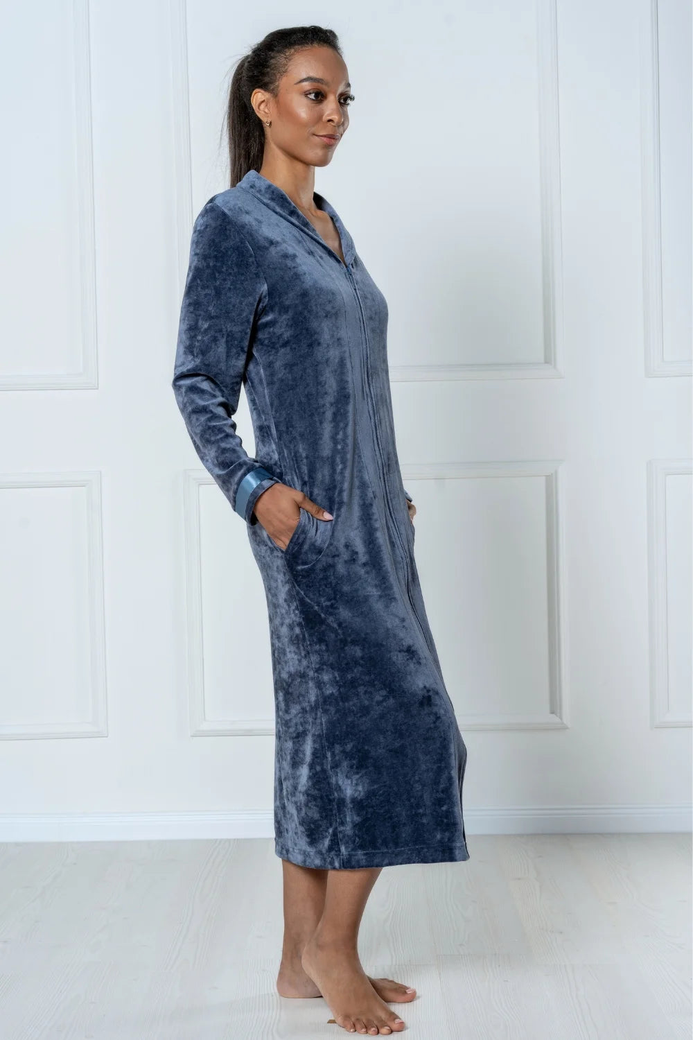 Long Modal Nicky Velour Robe with Zip