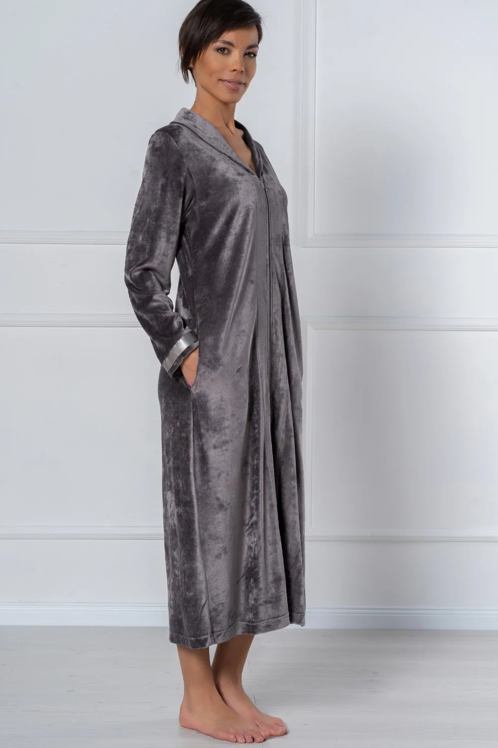 Long Modal Nicky Velour Robe with Zip