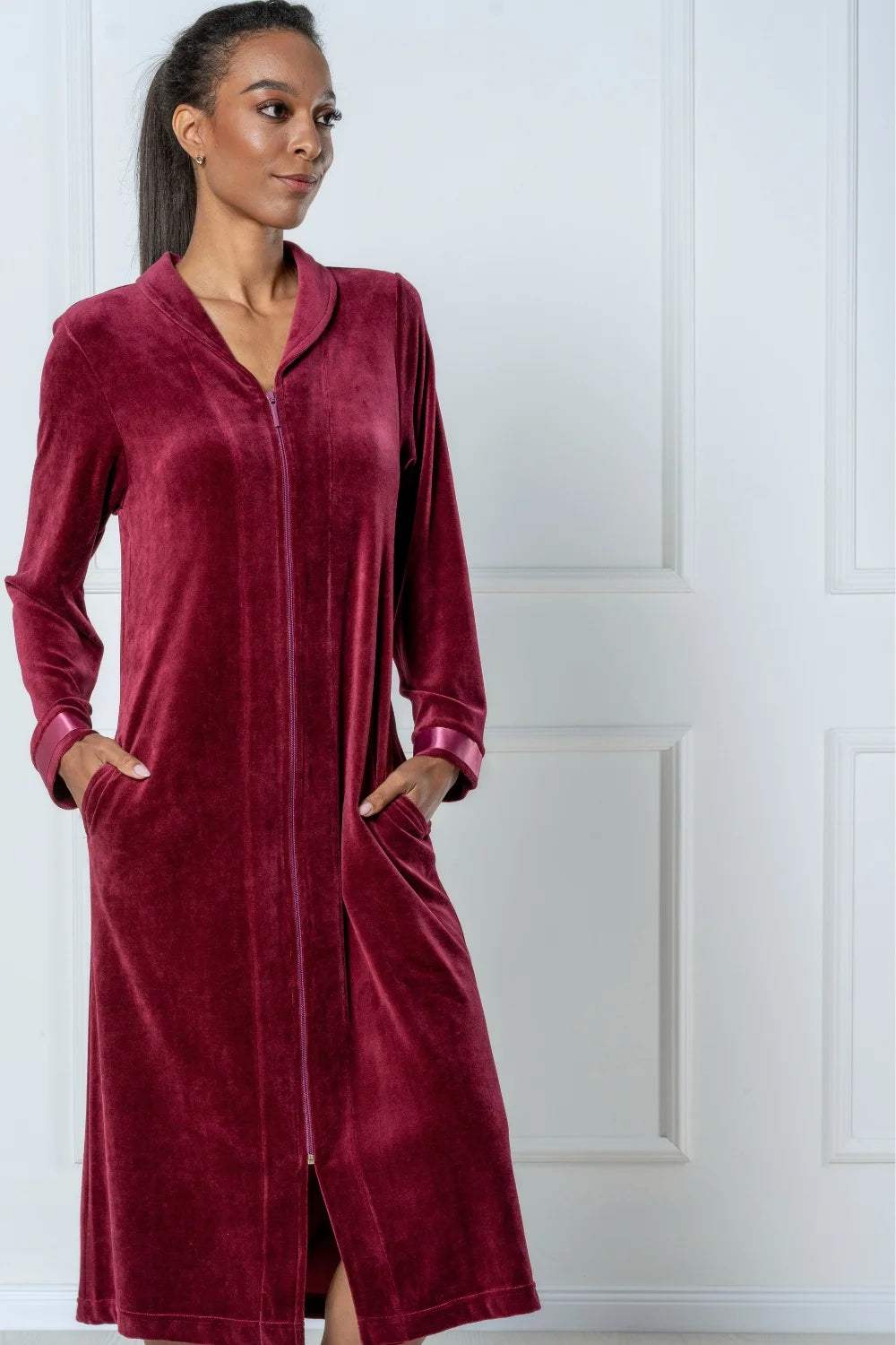 Long Modal Nicky Velour Robe with Zip