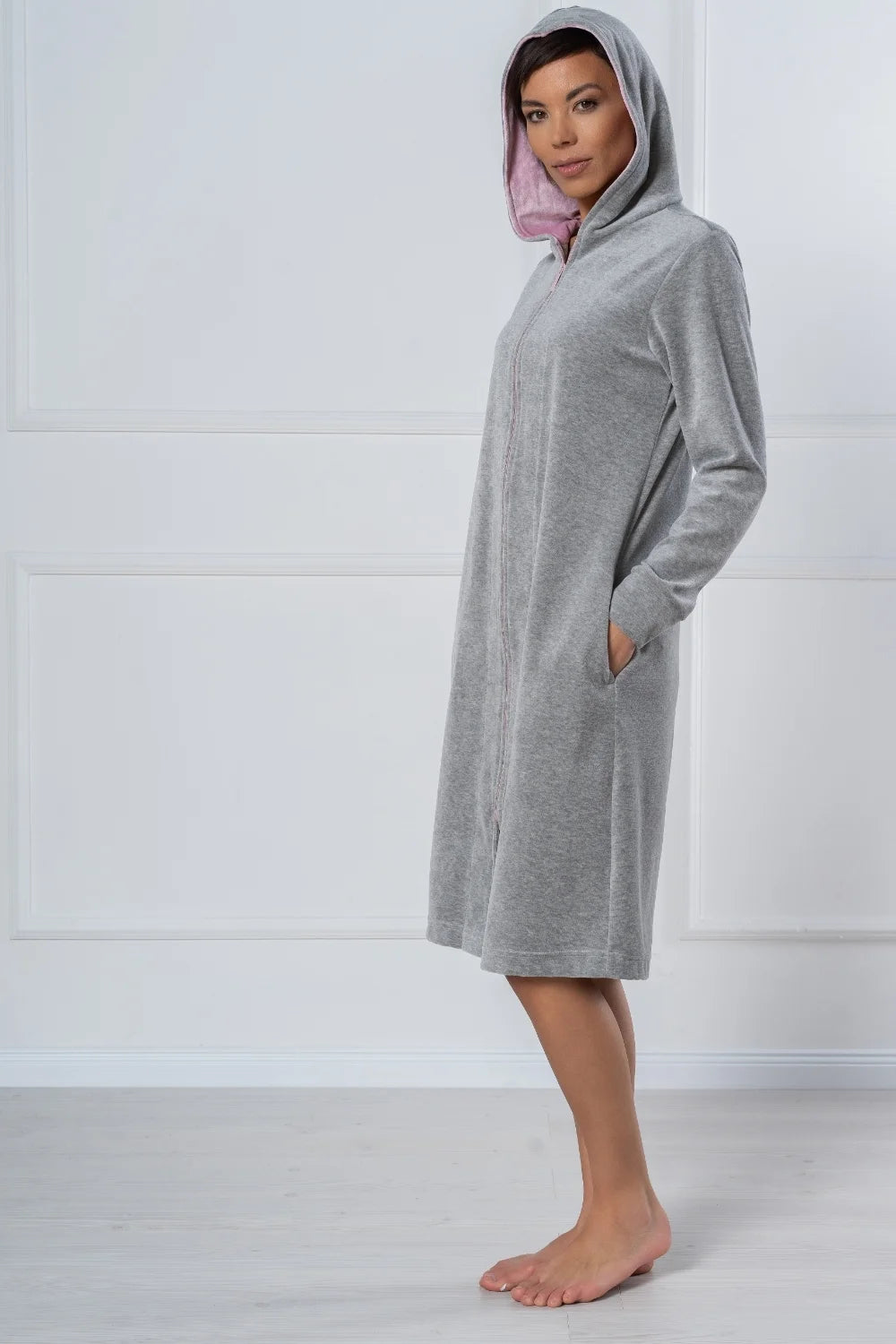 Soft Melange Grey Hooded Zip Bathrobe with Contrasting Details