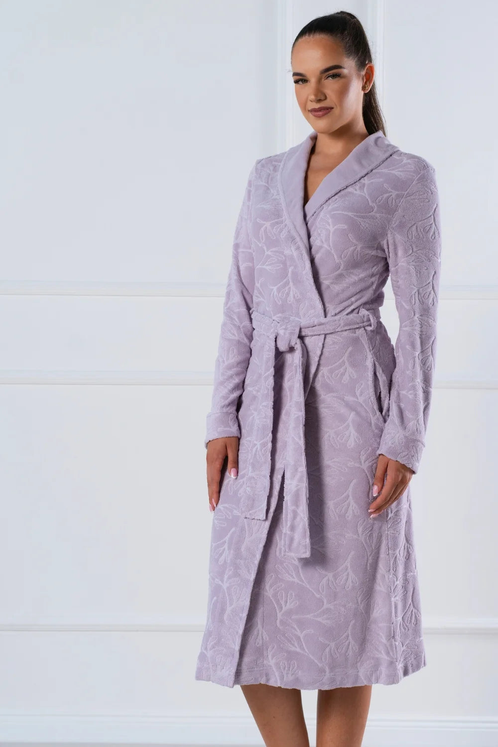 Belmanetti Long Floral Textured Shawl Collar Robe in 408 Violet - Long-lasting luxury