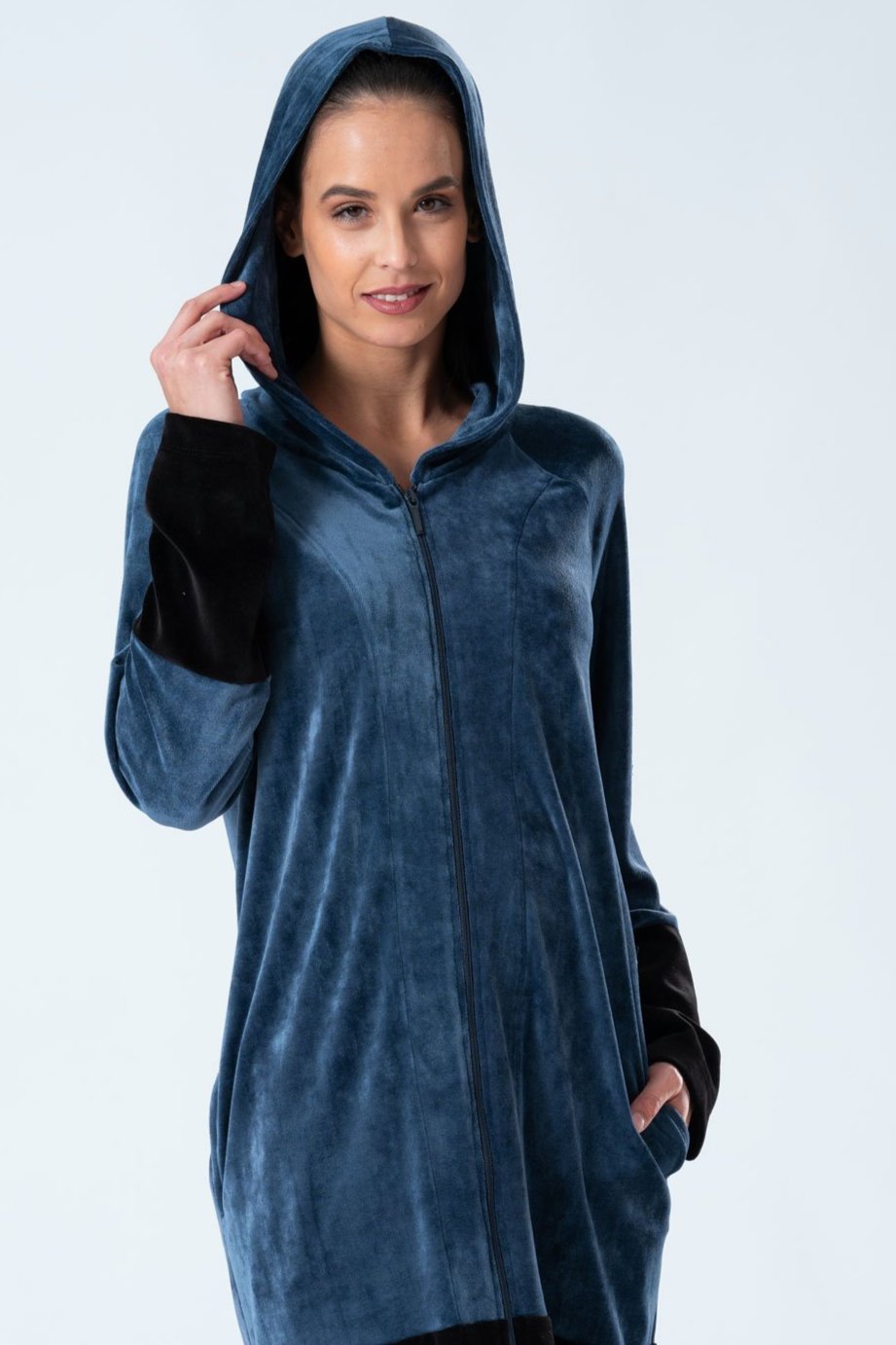 Modal blend Color-block full-zip hooded robe